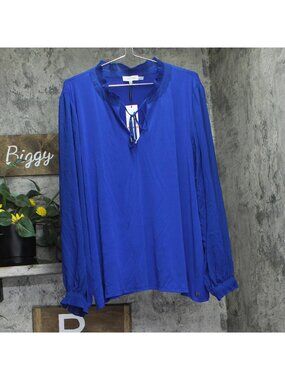 Calvin Klein Solid Ruffled-Collar Tie-Neck Top Klein Blue 3X